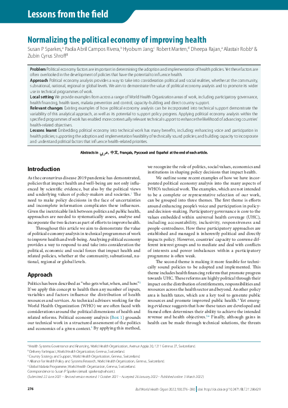 (PDF) Normalizing the political economy of improving health