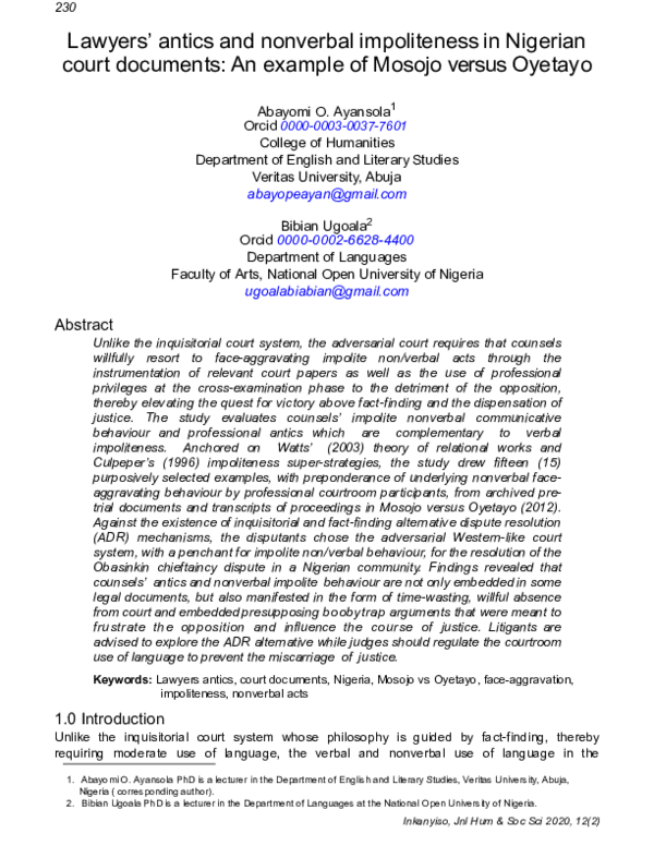 Lawyers’ antics and nonverbal impoliteness in Nigerian court documents: An example of Mosojo versus Oyetayo