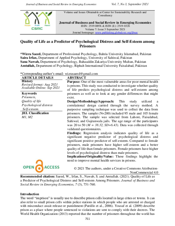 (PDF) Quality of Life as a Predictor of Psychological Distress and Self ...