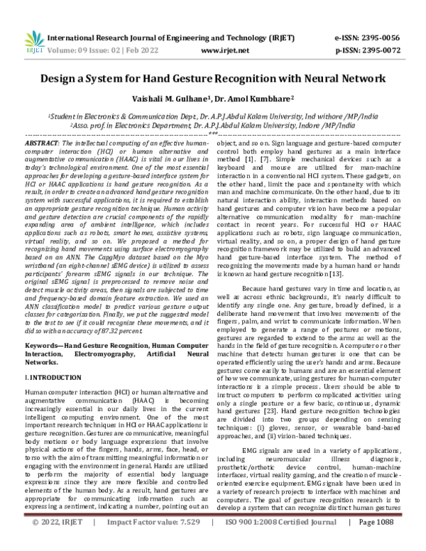 (PDF) Design a System for Hand Gesture Recognition with Neural Network