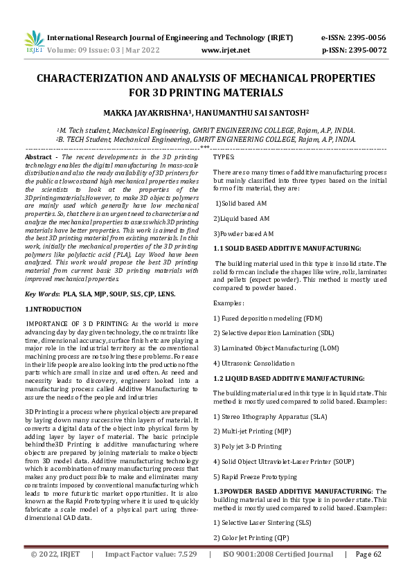 (PDF) CHARACTERIZATION AND ANALYSIS OF MECHANICAL PROPERTIES FOR 3D ...
