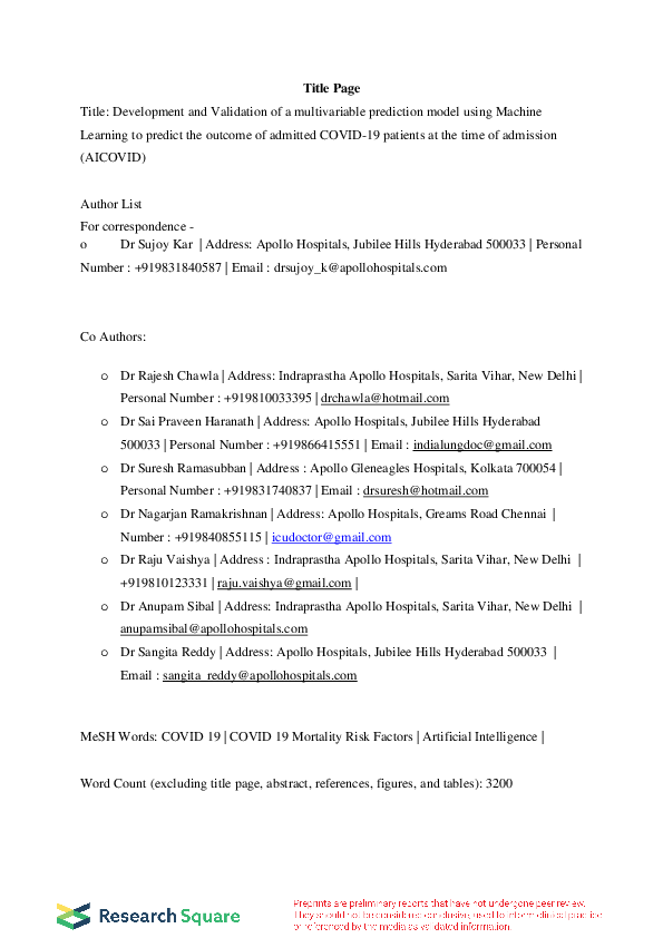 (PDF) Development and Validation of a multivariable prediction model ...