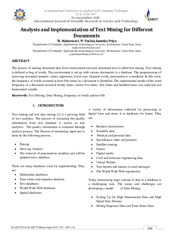 (PDF) Analysis and Implementation of Text Mining for Different Documents
