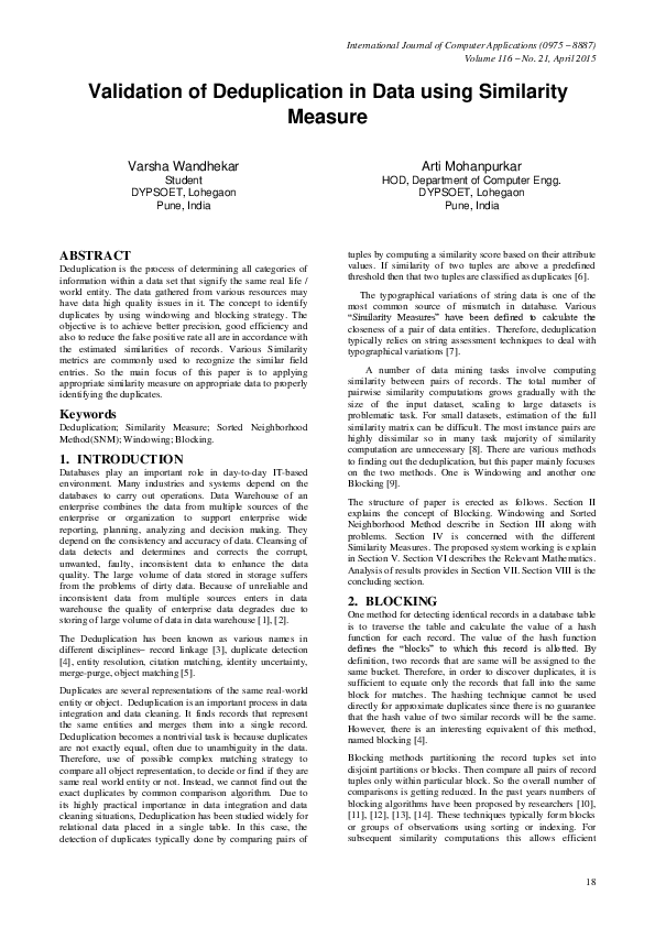 (PDF) Validation of Deduplication in Data using Similarity Measure