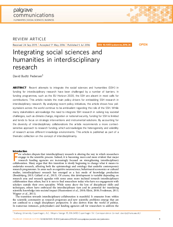 (PDF) Integrating social sciences and humanities in interdisciplinary ...