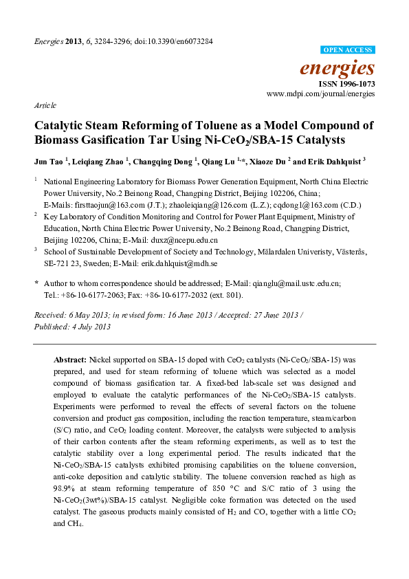 (PDF) Catalytic Steam Reforming of Toluene as a Model Compound of ...