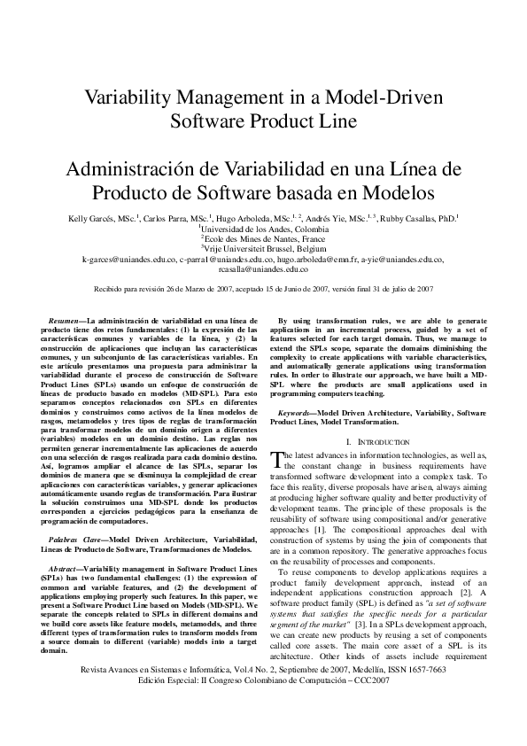 (PDF) Variability Management in a Model-Driven Software Product Line ...