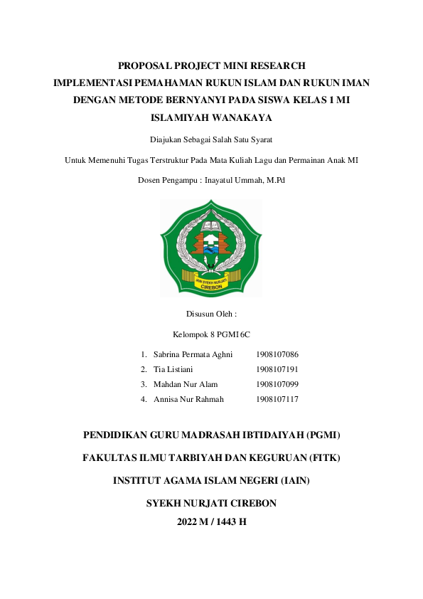 (PDF) PROPOSAL PROJECT MINI RESEARCH IMPLEMENTASI PEMAHAMAN RUKUN ISLAM ...