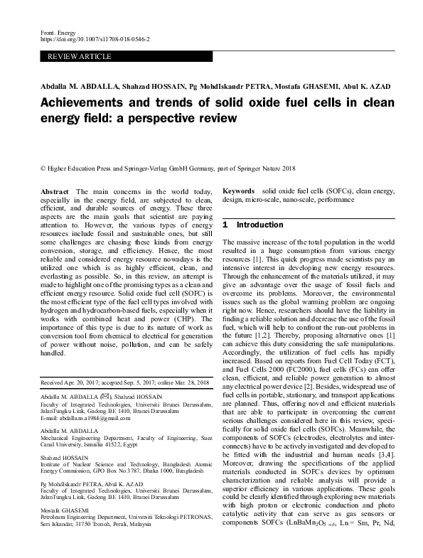 (PDF) Achievements and trends of solid oxide fuel cells in clean energy ...