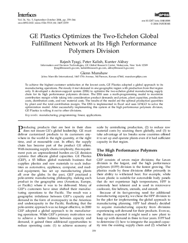 (PDF) GE Plastics Optimizes the Two-Echelon Global Fulfillment Network ...