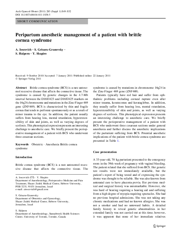 (PDF) Peripartum anesthetic management of a patient with brittle cornea
