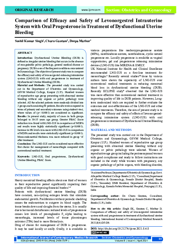(PDF) Comparison of Efficacy and Safety of Levonorgestrel Intrauterine ...