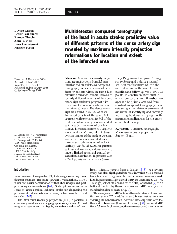 (PDF) Multidetector computed tomography of the head in acute stroke ...