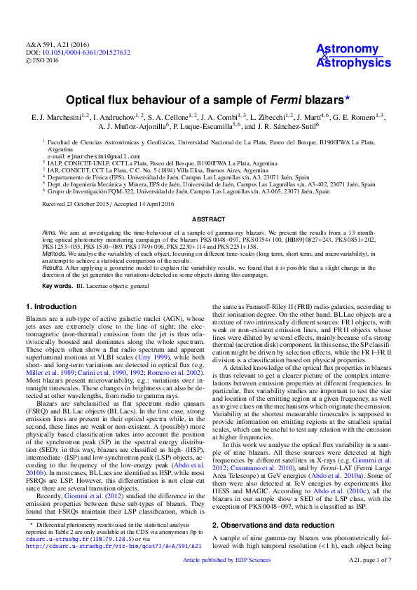(PDF) Optical flux behaviour of a sample ofFermiblazars Lorena