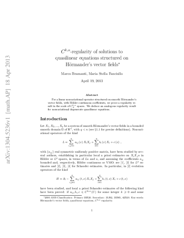 (PDF) quasilinear equations structured on Hormander's vector fields ∗