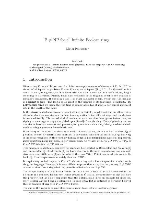 (PDF) P=!= NP for all infinite Boolean rings