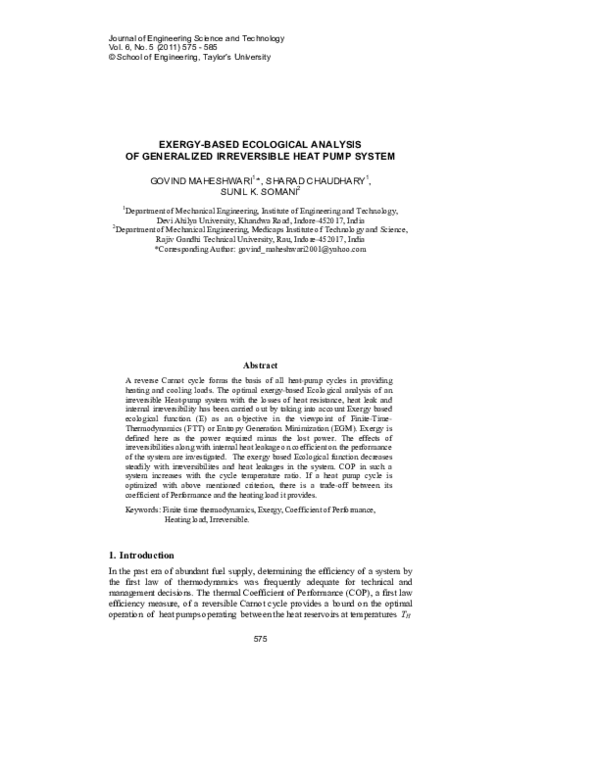 (PDF) Exergy-Based Ecological Analysis of Generalized Irreversible Heat ...