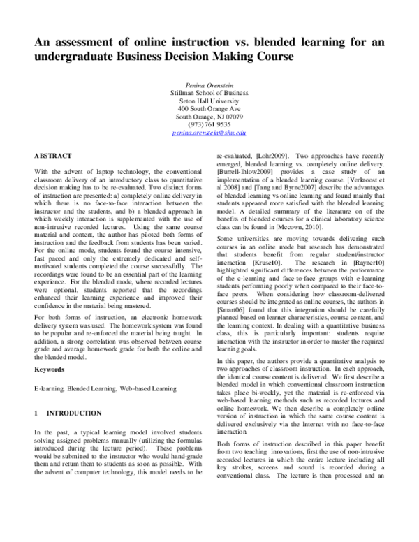 (PDF) An assessment of online instruction vs. blended learning for an ...