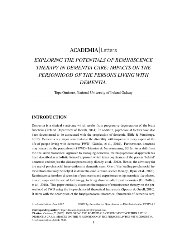 (PDF) EXPLORING THE POTENTIALS OF REMINISCENCE THERAPY IN DEMENTIA CARE ...