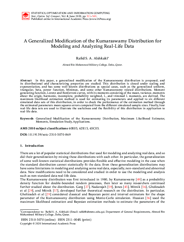 (PDF) A Generalized Modification of the Kumaraswamy Distribution for ...