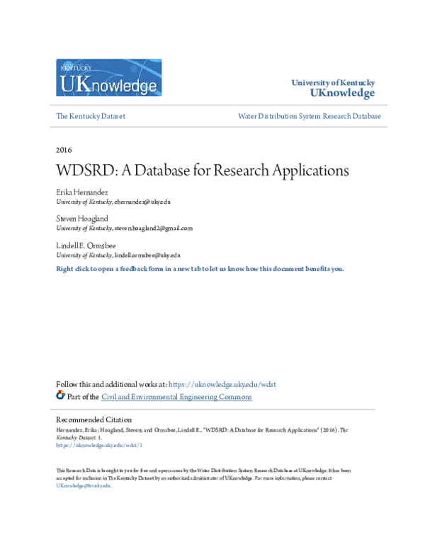 (PDF) Database Overview: Water Distribution Database for Research ...