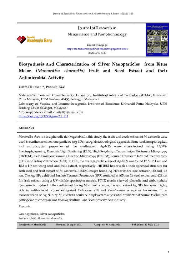(PDF) Biosynthesis and Characterization of Silver Nanoparticles from ...