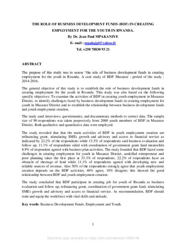 (PDF) The Role of Business Development Funds (BDF) in Creating ...