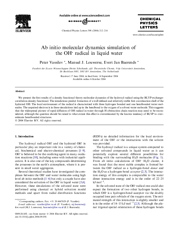 (PDF) Ab initio molecular dynamics simulation of the OH radical in ...