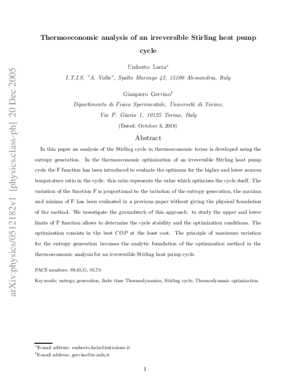 (PDF) Thermoeconomic analysis of an irreversible Stirling heat pump cycle