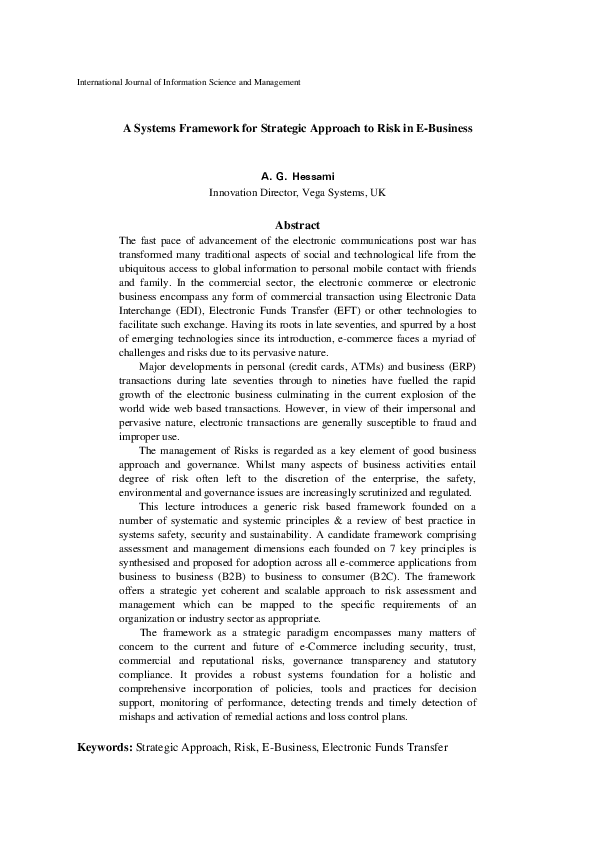 (PDF) A Systems Framework for Strategic Approach to Risk in E-Business