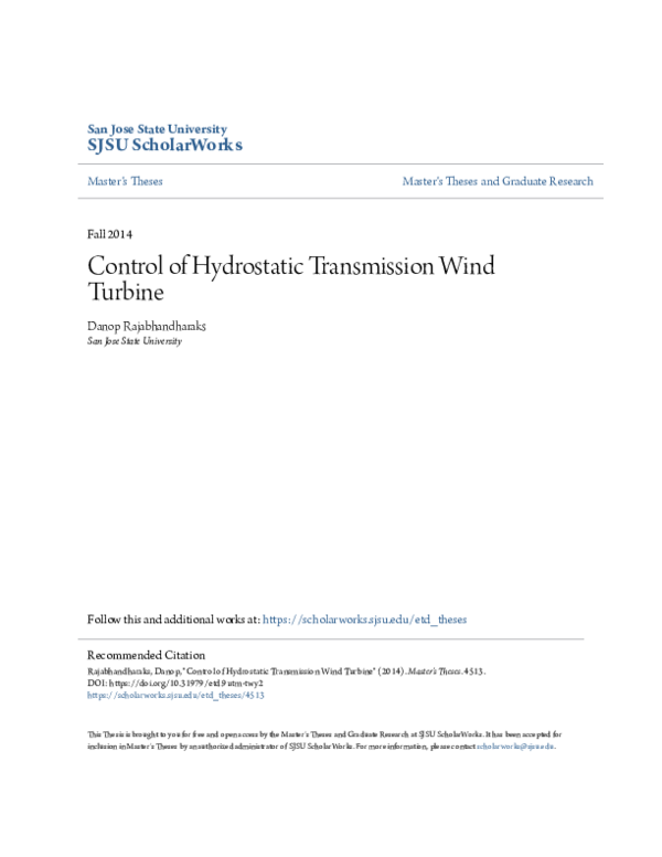 (PDF) Control of Hydrostatic Transmission Wind Turbine