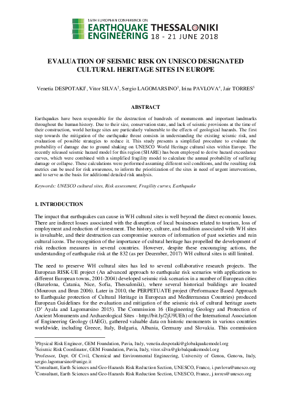 (PDF) Evaluation of Seismic Risk on Unesco Designated Cultural Heritage ...