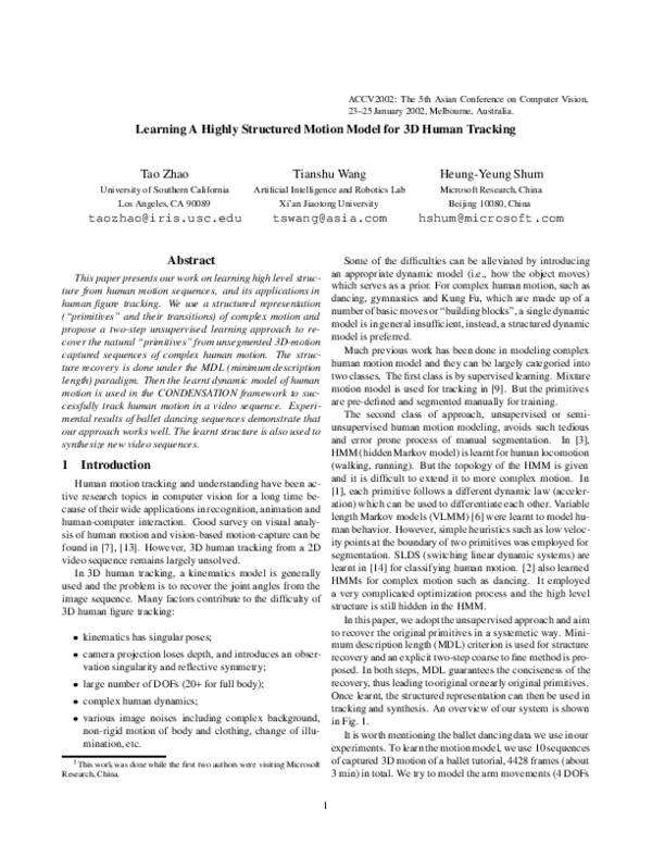 (PDF) Learning a highly structured motion model for 3D human tracking