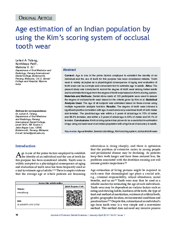 (PDF) Age estimation of an Indian population by using the Kim′s scoring system of occlusal tooth
