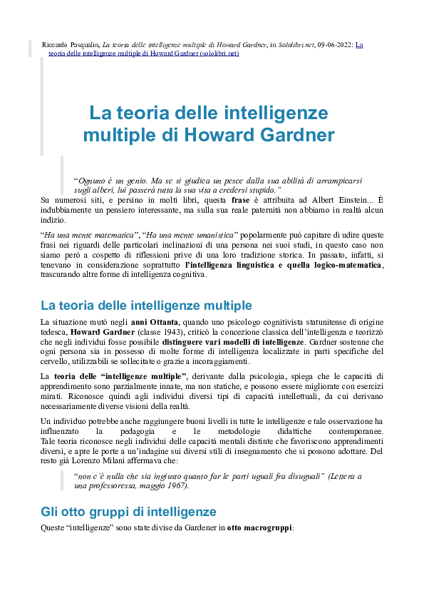 (PDF) La teoria delle intelligenze multiple di Howard Gardner Riccardo Pasqualin Academia.edu