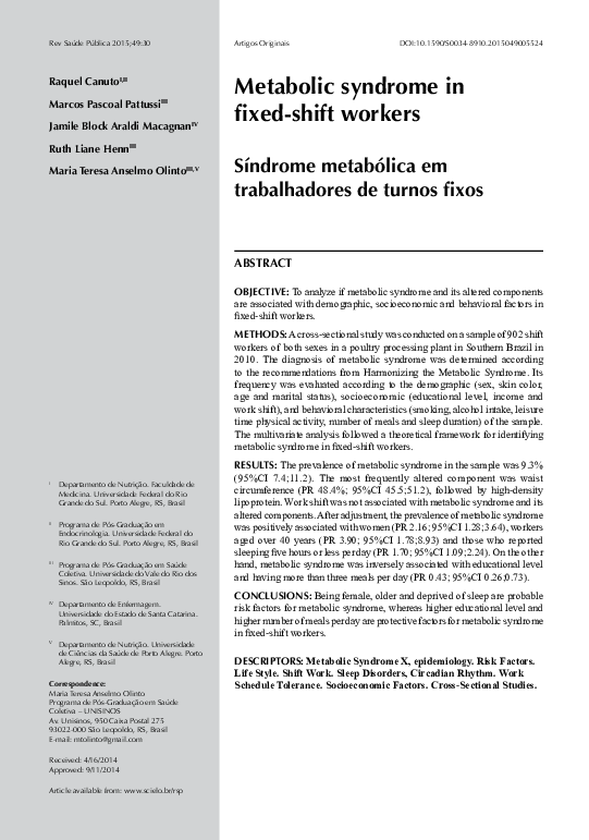 (PDF) Metabolic syndrome in fixed-shift workers