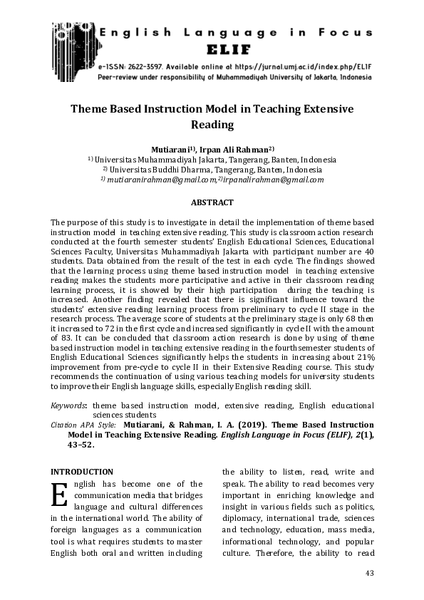 (PDF) Theme Based Instruction Model in Teaching Extensive Reading