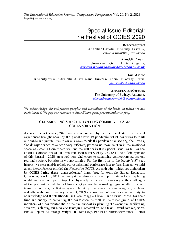 (PDF) Special Issue Editorial the Festival of Ocies 2020