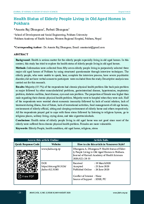(PDF) Health Status of Elderly People Living in Old Aged Homes in Pokhara
