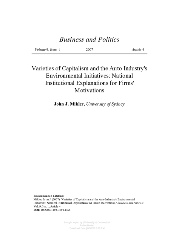 Varieties of Capitalism and the Auto Industry's Environmental Initiatives: National Institutional Explanations for Firms' Motivations