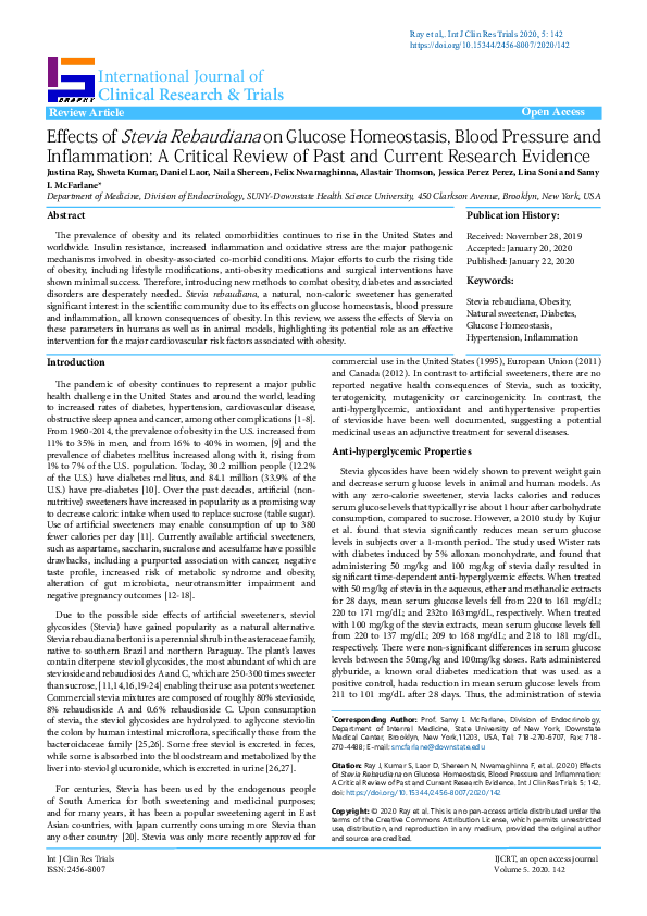 (PDF) Effects of Stevia Rebaudiana on Glucose Homeostasis, Blood