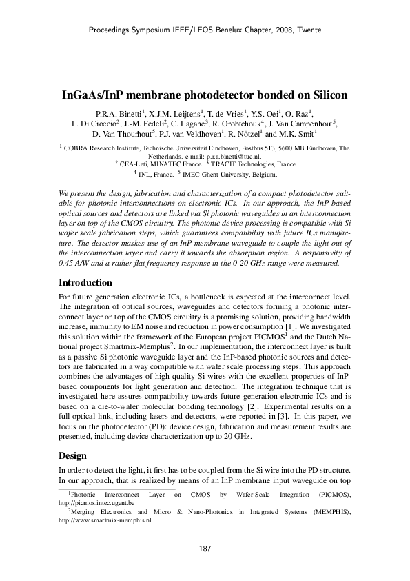 (PDF) InGaAs/InP membrane photodetector bonded on Silicon
