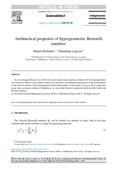 (PDF) Arithmetical properties of hypergeometric Bernoulli numbers