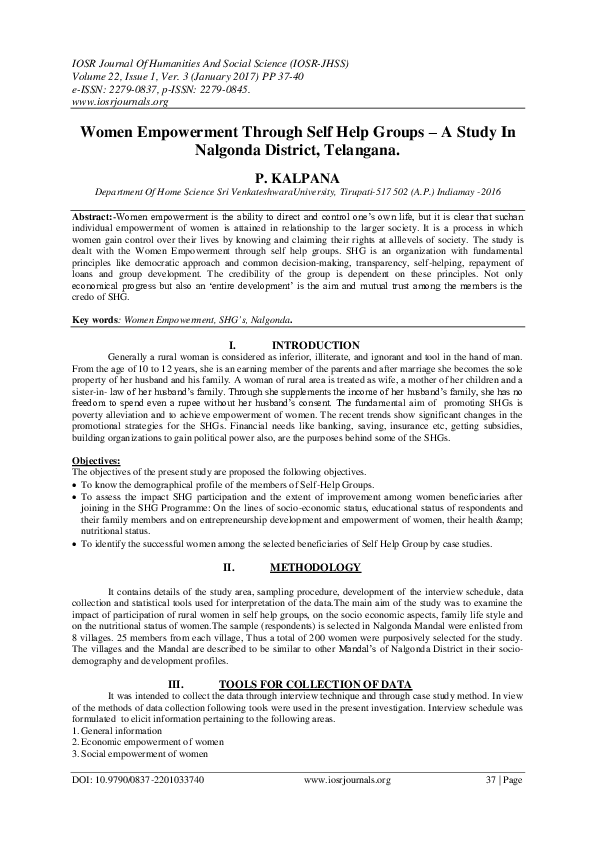 (PDF) Women Empowerment Through Self Help Groups – A Study In Nalgonda ...