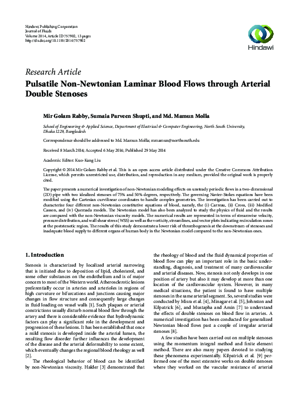 (PDF) Pulsatile Non-Newtonian Laminar Blood Flows through Arterial ...