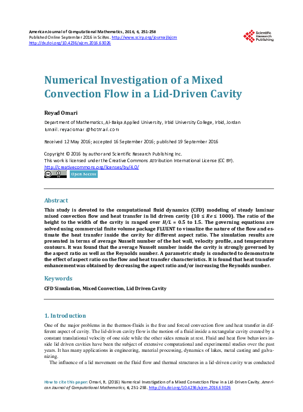(PDF) Numerical Investigation of a Mixed Convection Flow in a Lid ...