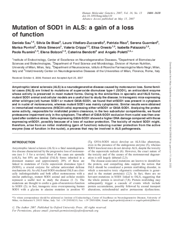 (PDF) Mutation of SOD1 in ALS: a gain of a loss of function