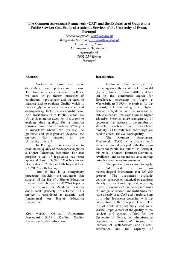 (PDF) The Common Assessment Framework (CAF) and the Evaluation of ...