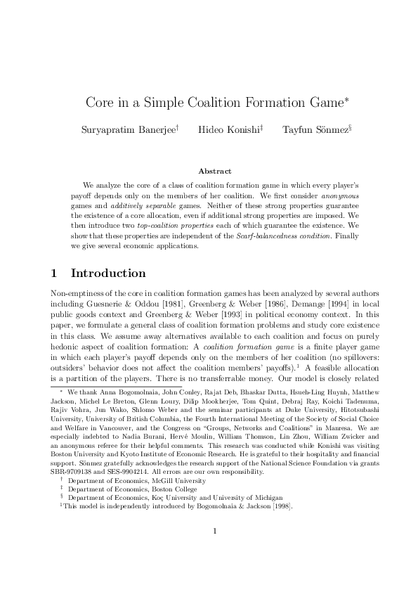 (PDF) Core in a simple coalition formation game