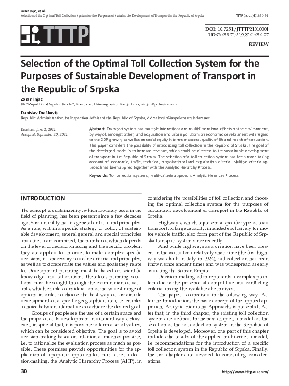 (PDF) Selection of the Optimal Toll Collection System for the Purposes ...